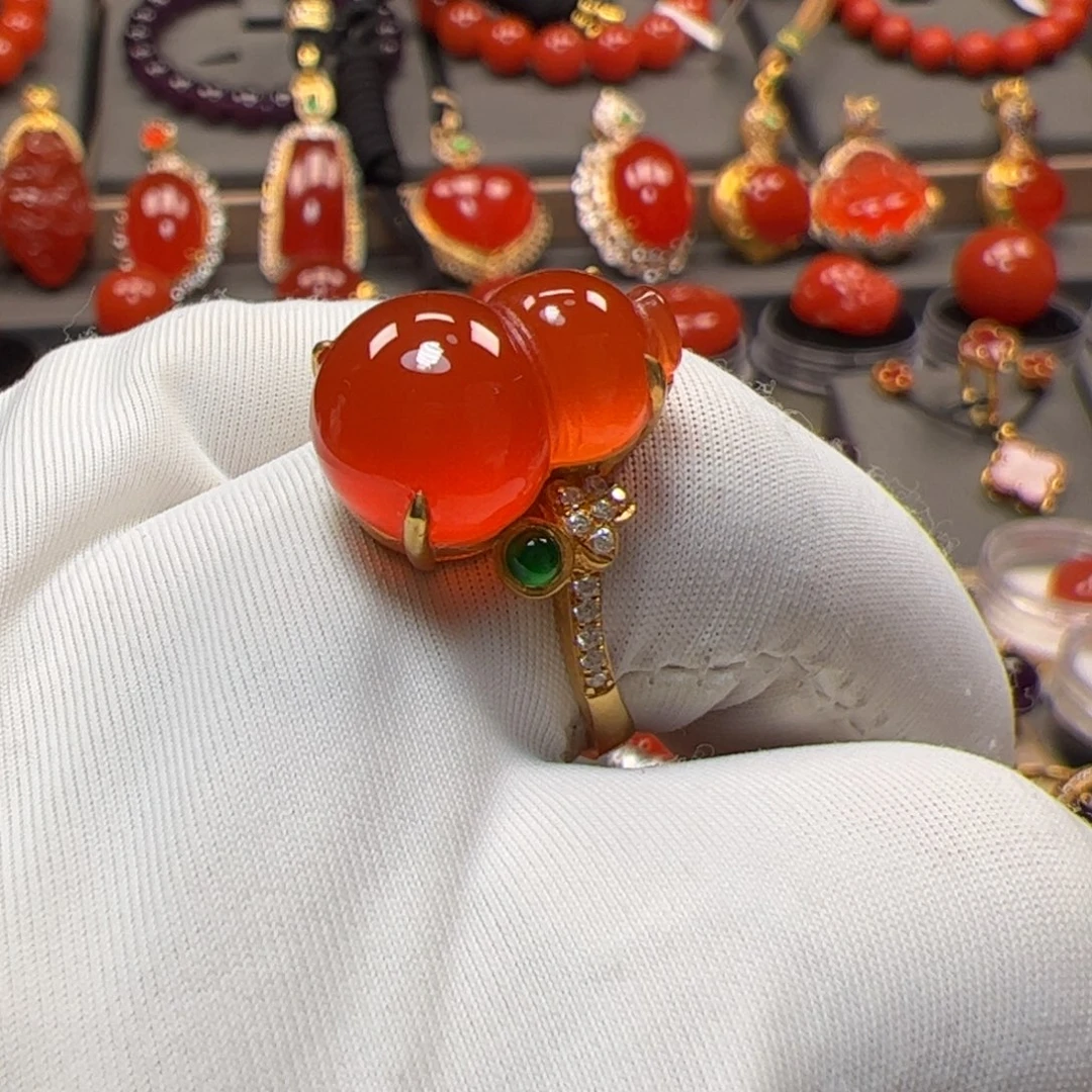 南红玛瑙银S925镶嵌戒指双12福利原矿精品925银葫芦戒指