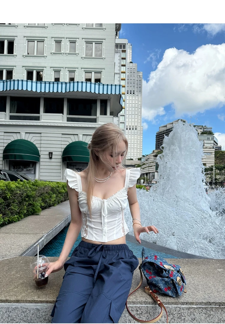 【清冷白茶】夏季新款设计感收腰显瘦蕾丝拼接上衣配休闲工装裤套装