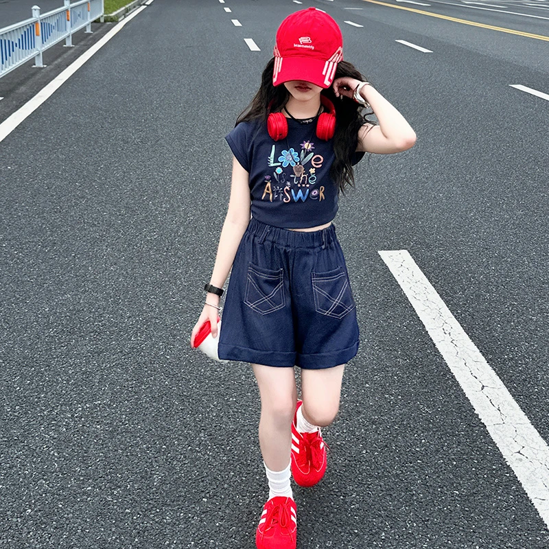 大女童装夏装6-12岁潮牌高级感短袖t恤套装2025新款儿童夏季服饰