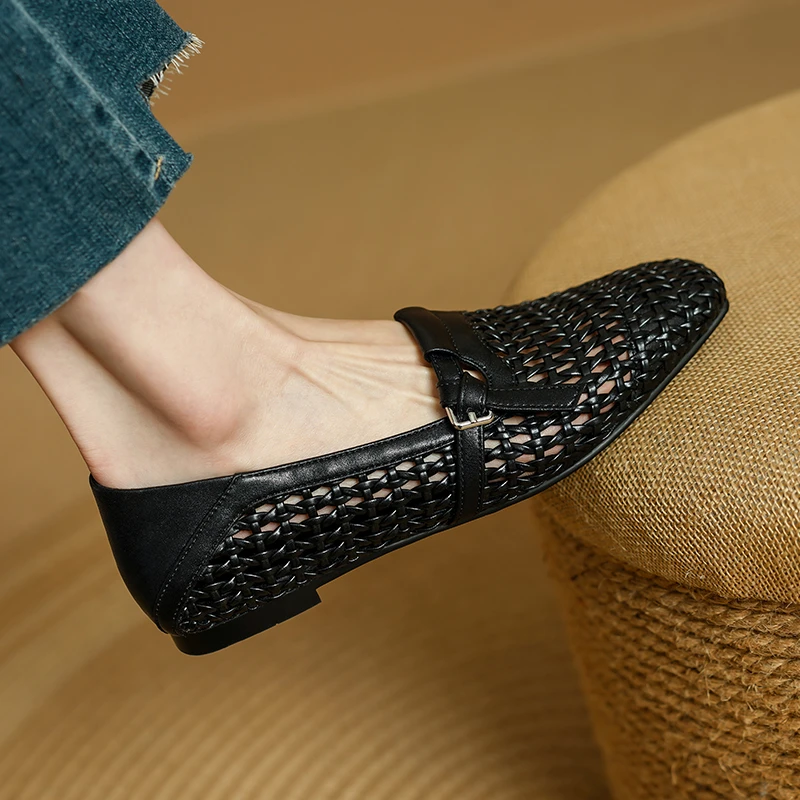 跟高1.5cm/舒适编织平底鞋低跟轻奢气质单鞋女透气镂空百搭方头鞋
