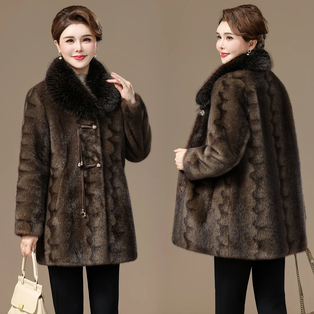 条纹中老年女装仿貂绒大衣金莉特冬装大衣时尚高贵皮毛一体外套