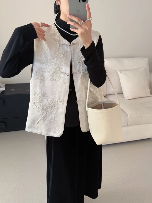 罗马丝麻提花静奢风刺绣重工马甲新中式中国风