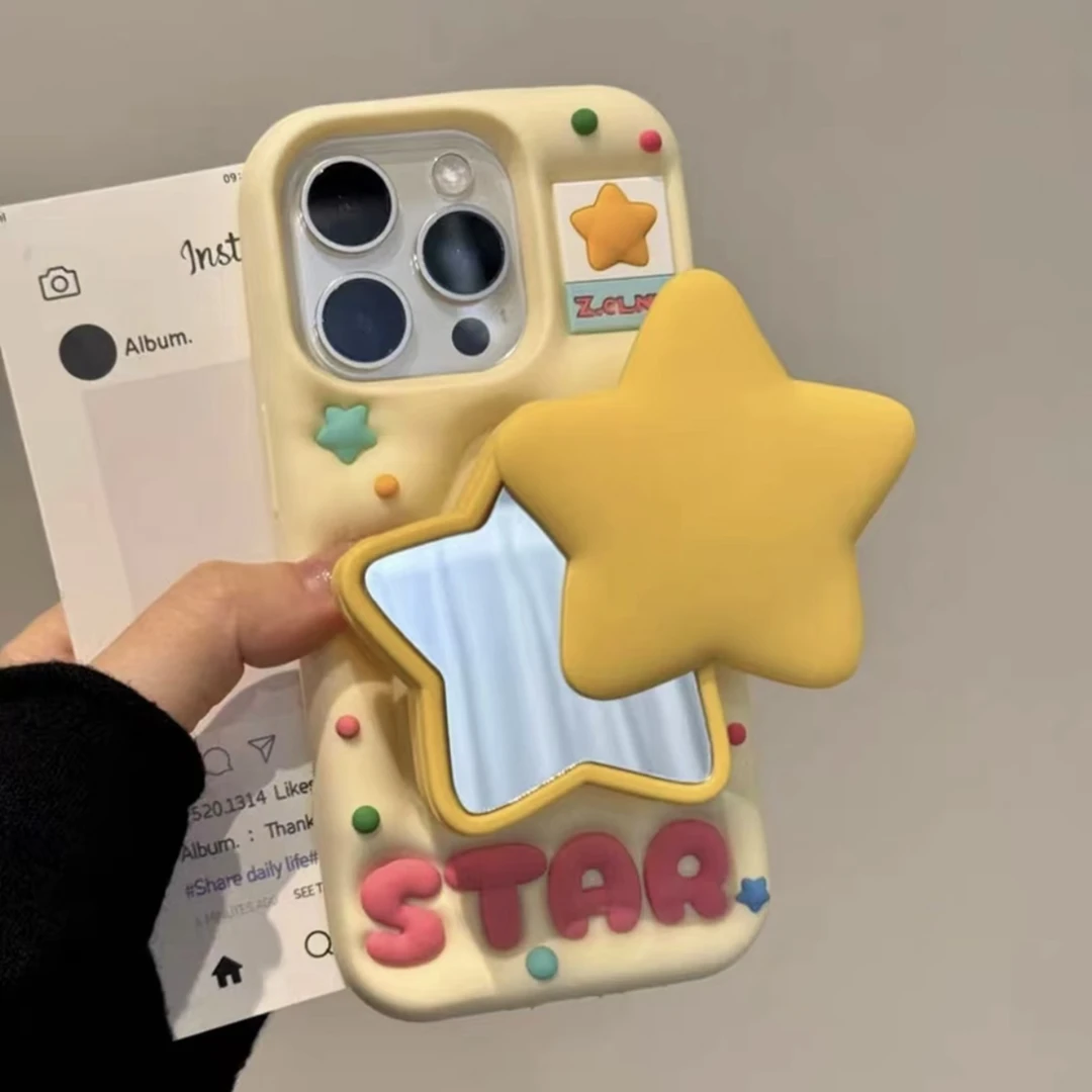 支架星星镜子适用iPhone16手机壳卡通13立体硅胶苹果15防摔软壳14