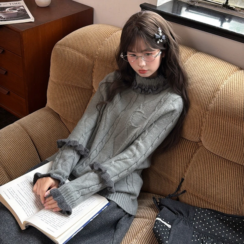 森女部落灰色高级感叠穿内搭打底衫女新款设计感花边宽松毛衣冬季