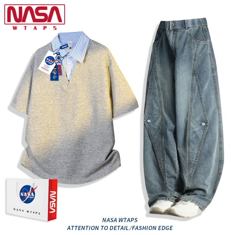 NASA WTAPS假两件polo衫套装男款夏季宽松短袖长裤运动休闲两件装