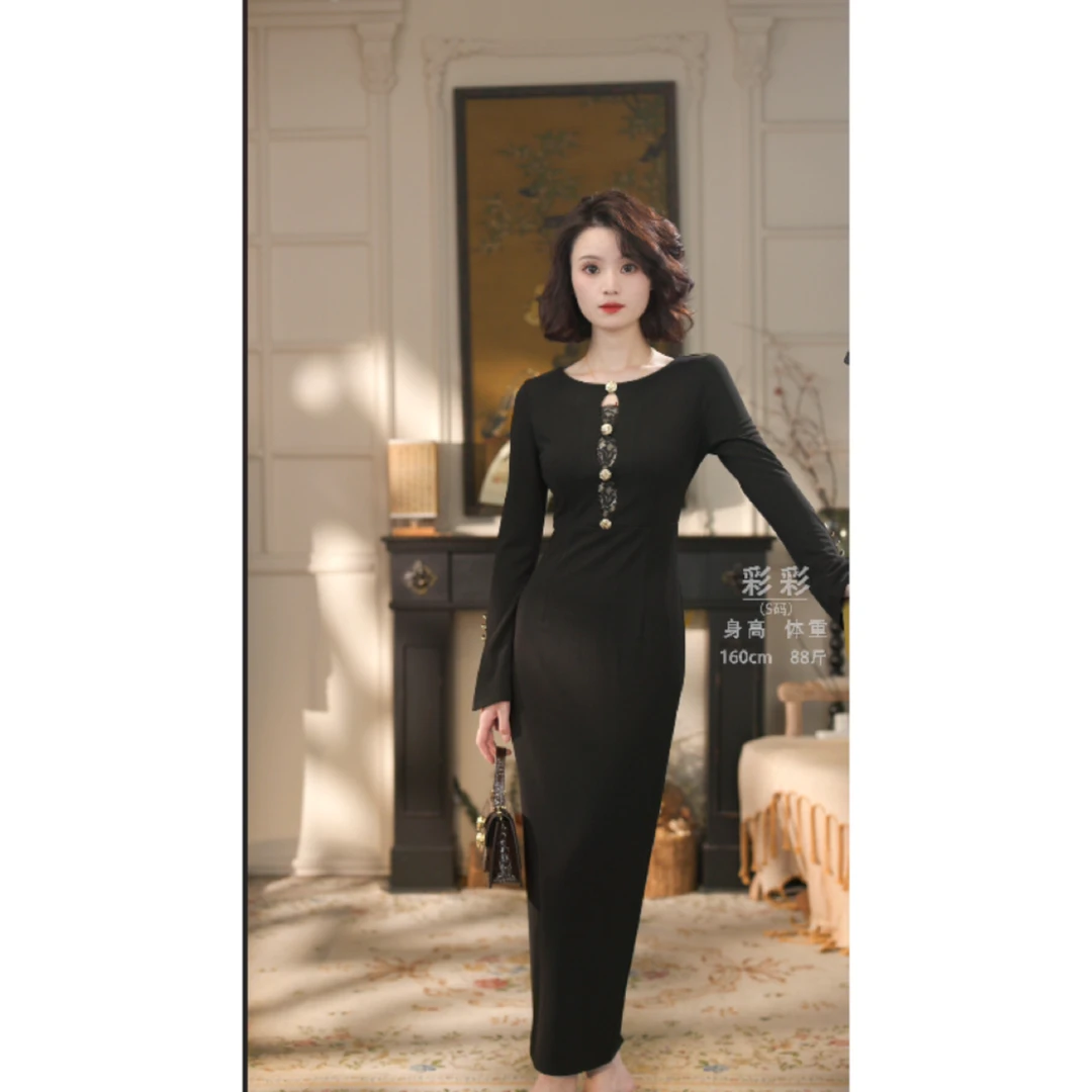 彩彩家【微光永恒】初秋日常黑色气质显瘦修身收腰优雅女装连衣裙