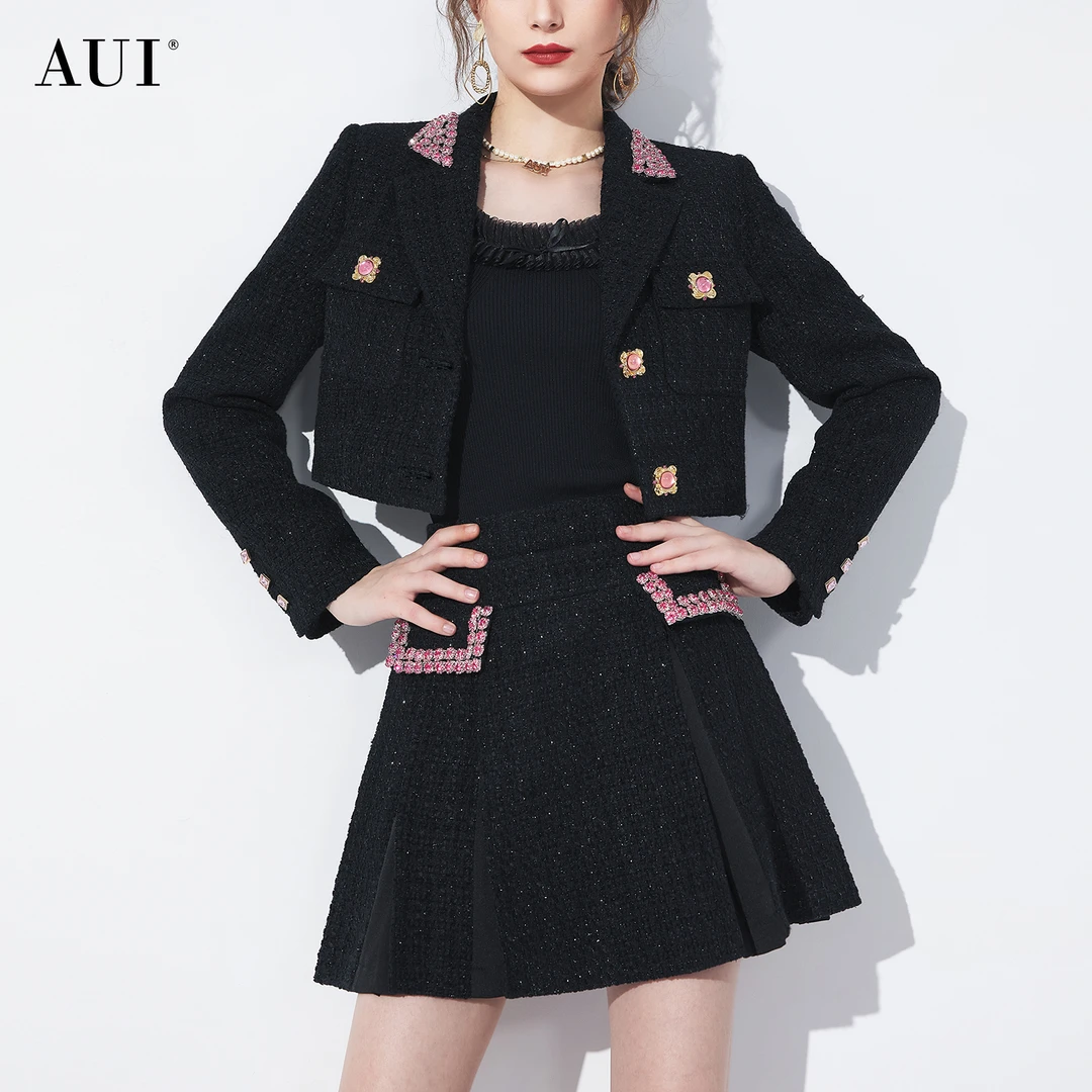 【诗语专属】AUI黑色名媛香风短外套百褶裙两件套-23D023054
