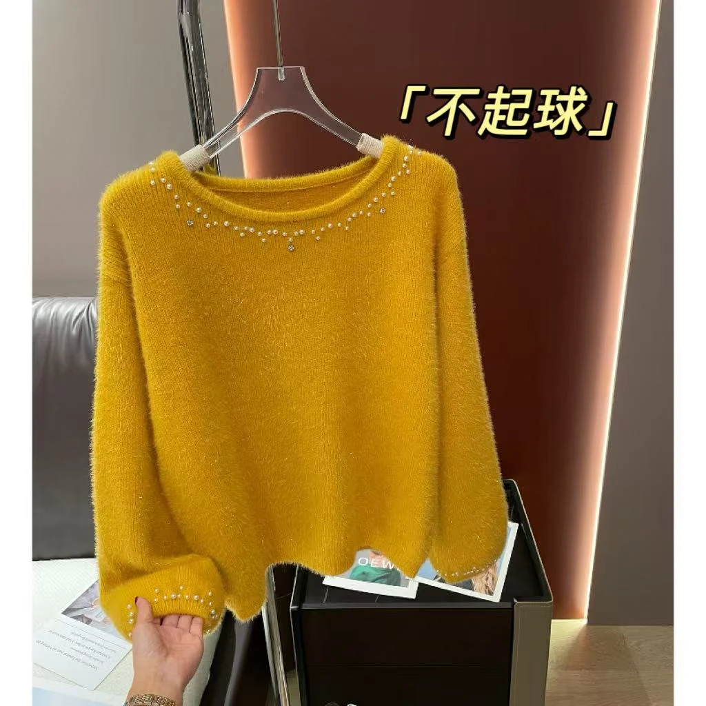 不起球 高级感重工钉珠圆领柔软毛衣女慵懒风秋冬针织衫