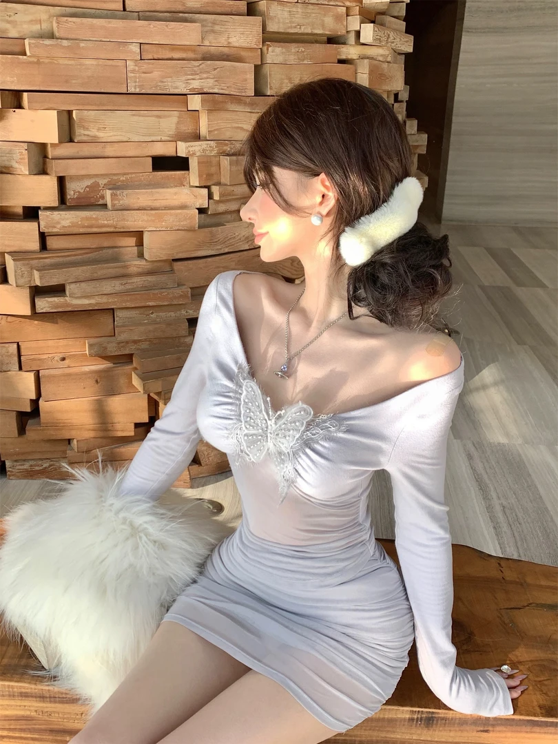 网纱蝴蝶结拼接长袖T恤女装2025春季新款纯欲风微透辣妹上衣
