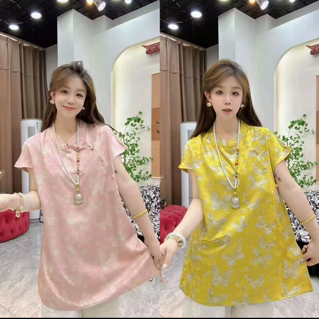 夏季新款新中式贵气时尚旗袍领短袖打底衫胖妹妹显瘦遮臀遮胯上衣