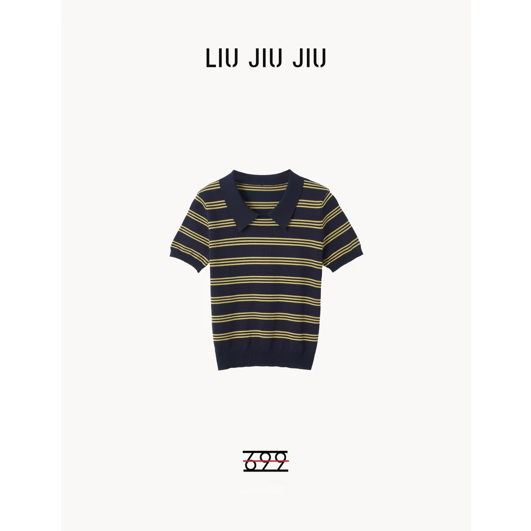 LIUJIUJIU 法式复古条纹撞色Polo领针织短袖T恤时尚百搭款TX4238L