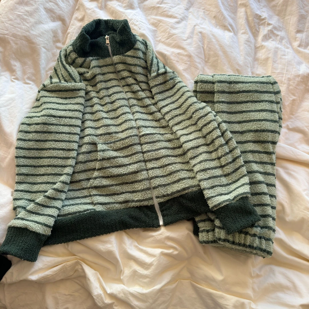 【清】高克重双面半边绒条纹睡衣女款冬加厚套装家居服保暖长袖暖