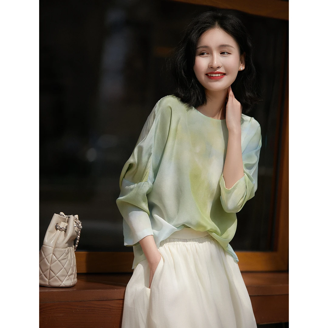 笑涵阁 空灵写意 水墨晕染双绉圆领印花小上衣SYB780567AG