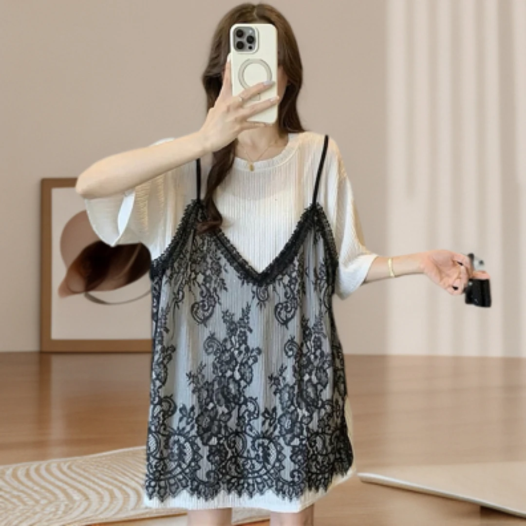 外单～假两件吊带蕾丝短袖T恤，加大版型，均码