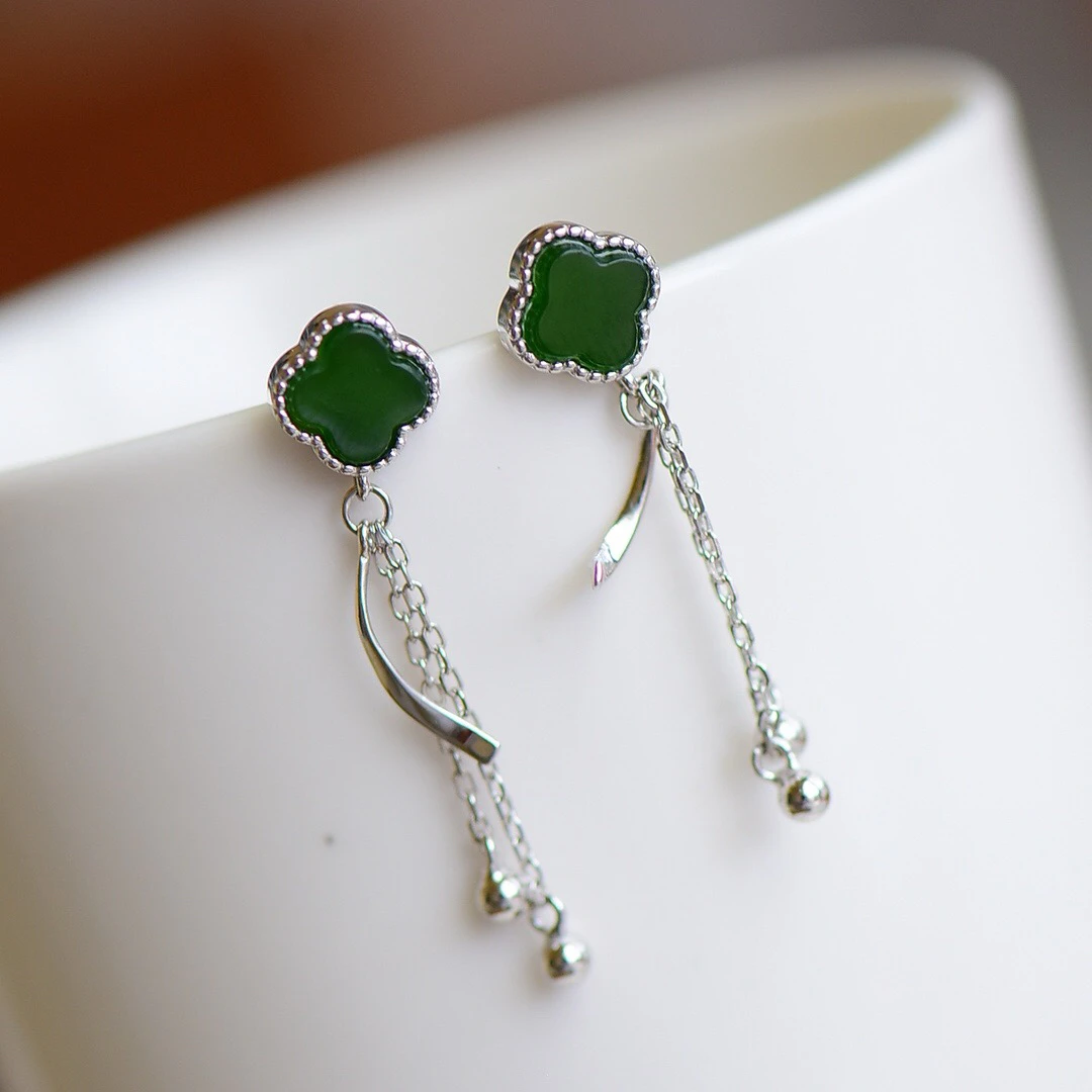 925银镶和田玉碧玉四叶草耳坠大气时尚百搭款耳饰个性有牌面耳环