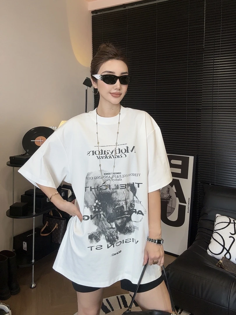 【U娜】高品质美式印花大版宽松圆领短袖T恤