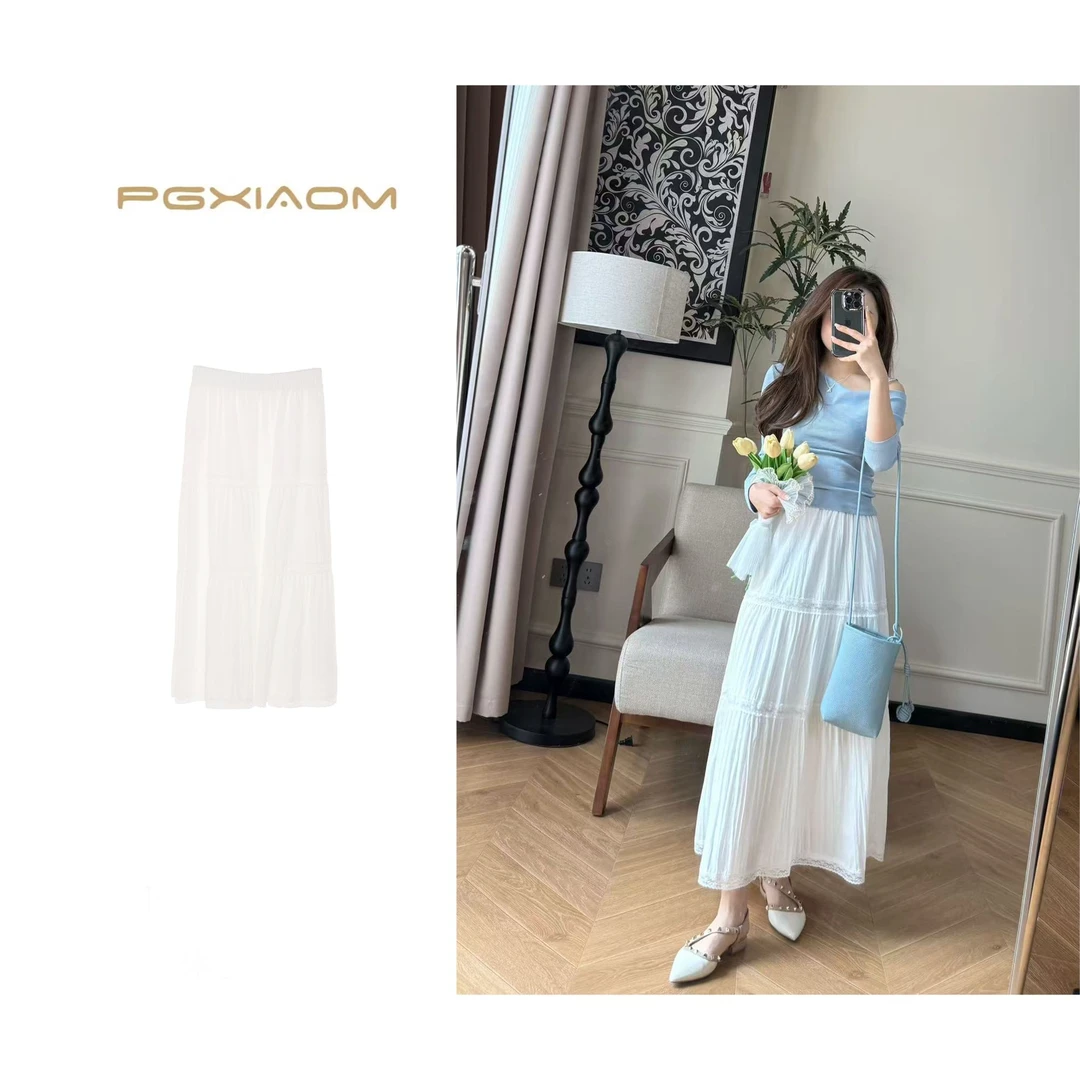 【PGXIAOM】润秀定制白色蕾丝边长半裙QZ9721