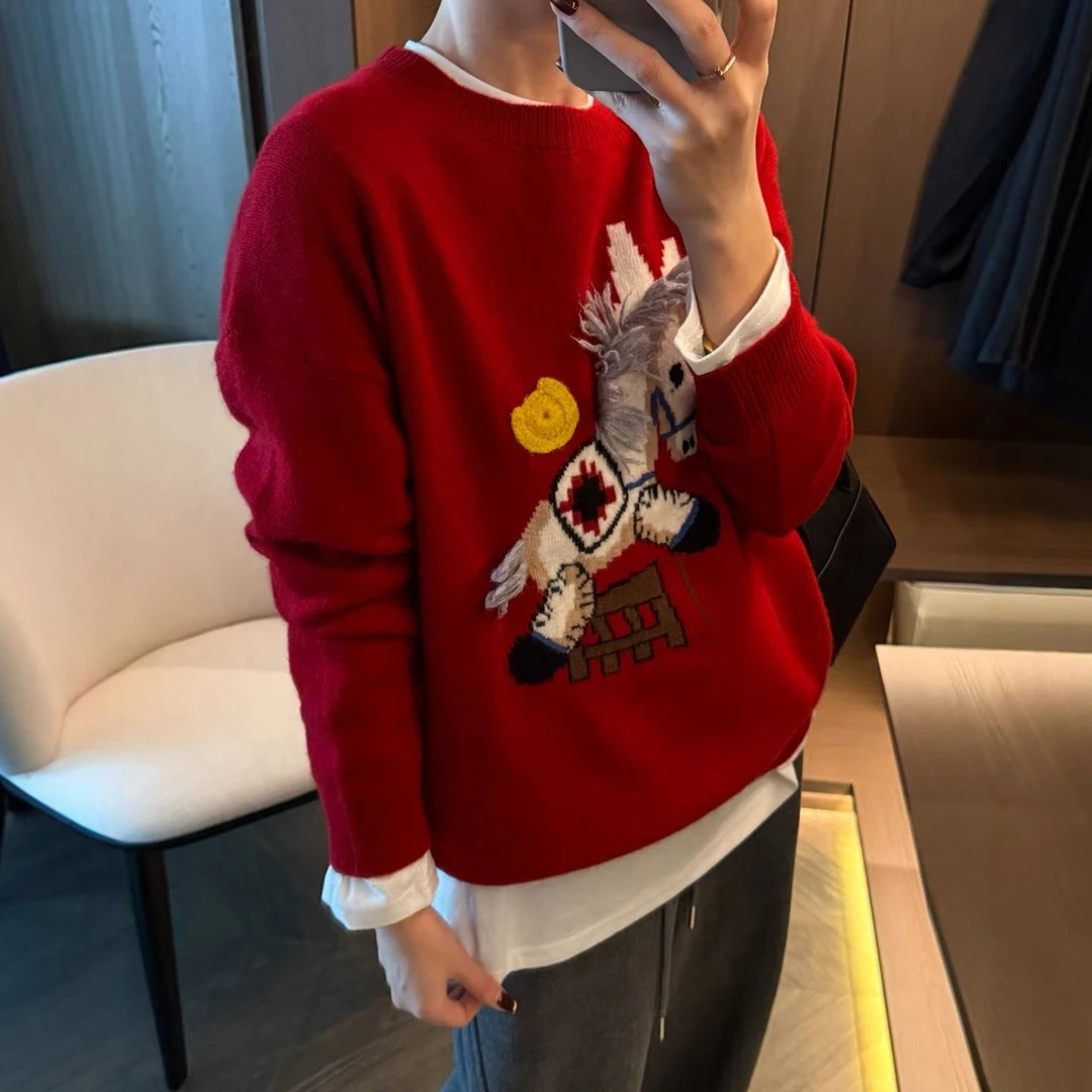 马上来财～圆领卡通马图案百搭时尚显瘦保暖毛衣921