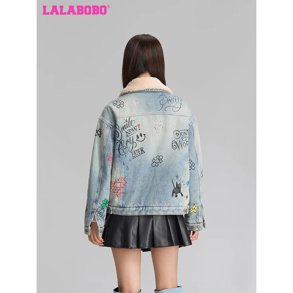 金源LALABOBO涂鸦牛仔棉服宽松百搭加厚外套LBDD-WSMW13