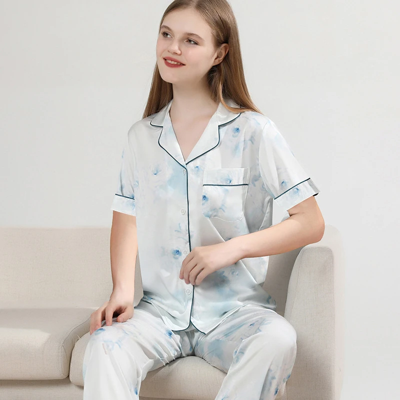 高端睡衣女短袖长裤丝绸套装高级感内衣时尚印花仿真丝家居服印花