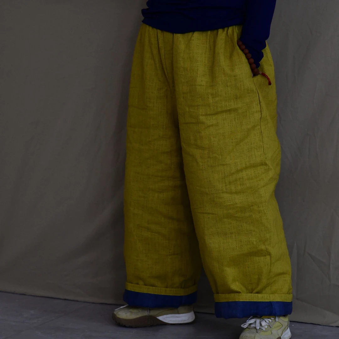 布锦素衣原创女式文艺复古苎麻棉裤拼色冬季加厚休闲慵懒阔腿裤