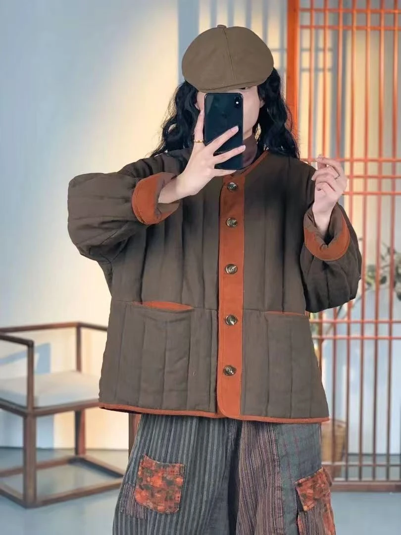 17525砂洗汉麻拼接棉衣加厚保暖复古百搭