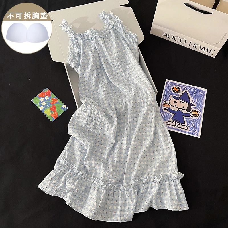 蓝格小碎花睡衣睡裙女新款夏季带胸垫性感吊带甜美宽松舒适家居服