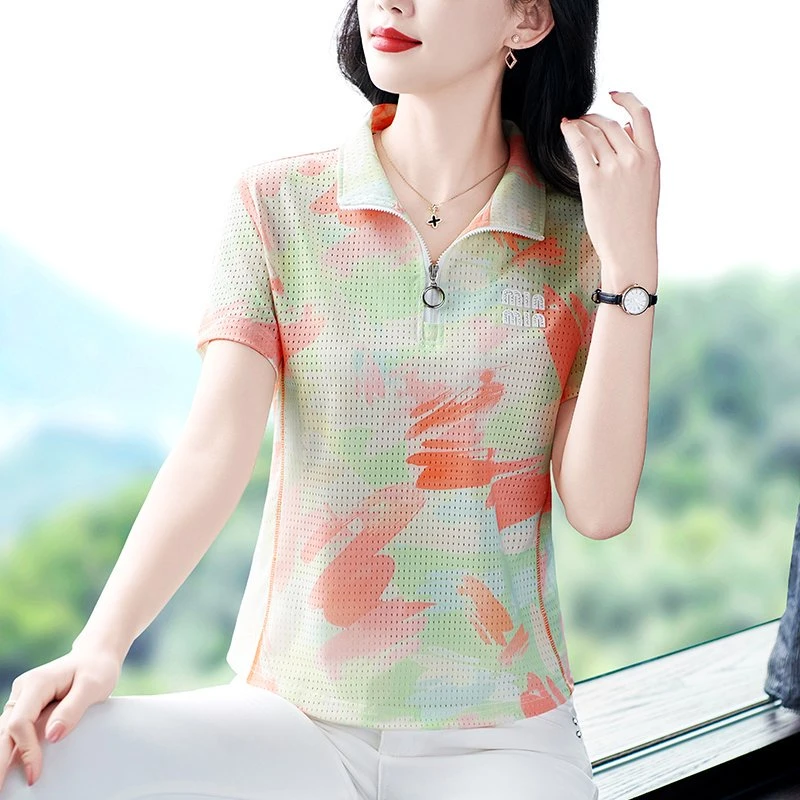 冰丝短袖t恤女夏季2025新款显瘦薄款时尚宽松polo衫中年妈妈上衣
