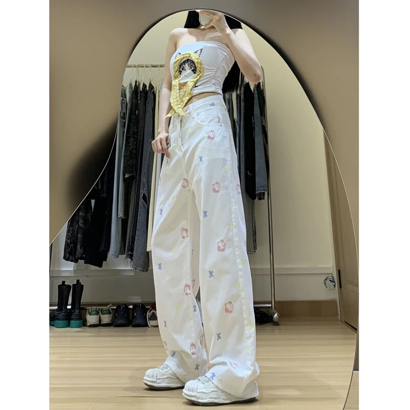 美式白色可爱卡通刺绣牛仔裤女夏季新款设计感宽松直筒阔腿拖地裤