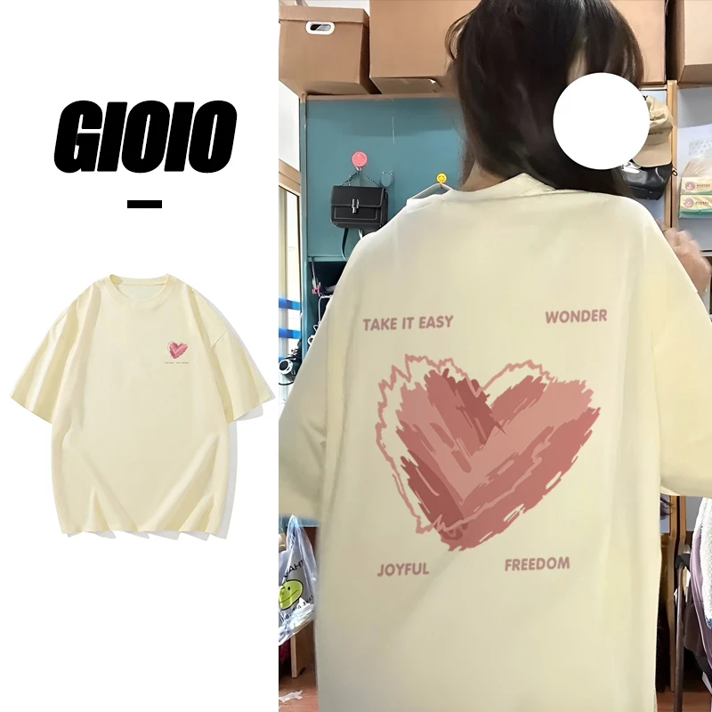 240克重磅潮牌前后爱心款t恤男女同款夏季白色宽松纯棉短袖