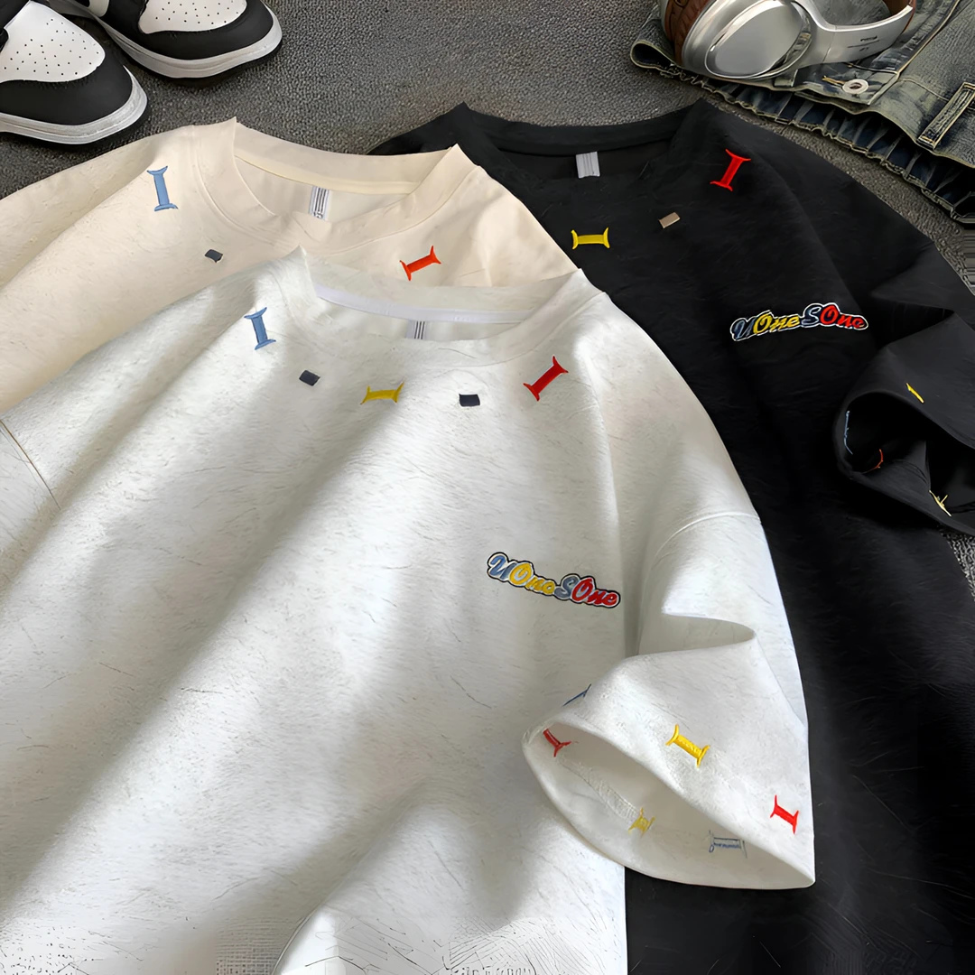 美式重磅刺绣短袖t恤男款2025夏季不费力穿搭宽松半袖衫百搭半袖