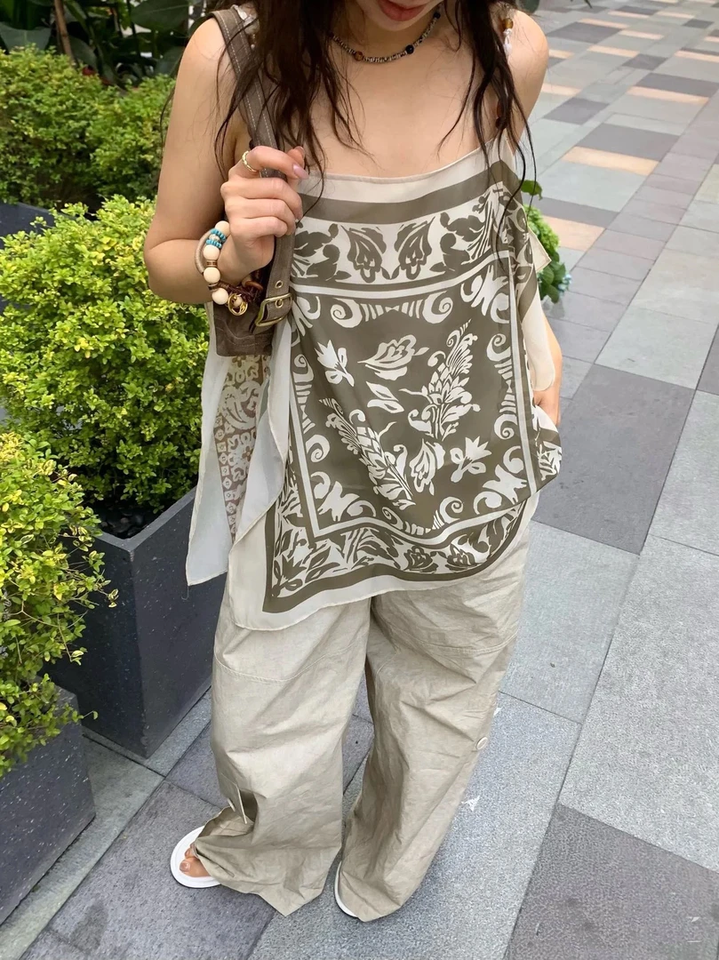 艺术印花撞色串珠吊带衫波西米亚风修身显瘦度假上衣女潮