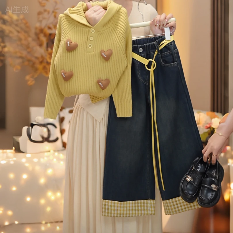 【米小逗】女童2025秋冬上新女宝休闲显白气质加绒牛仔裤套装潮m181