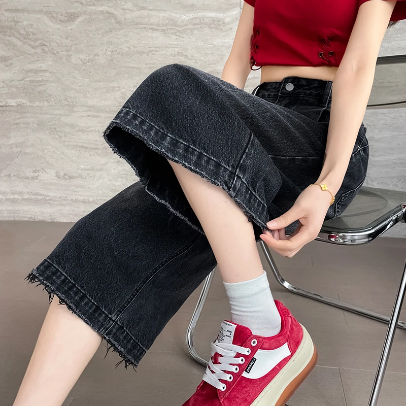 喜绚黑色阔腿七分牛仔裤女2025夏季薄款高腰宽松百搭直筒七分中裤