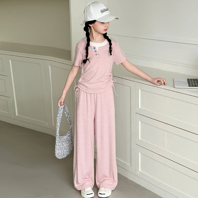 女童运动套装2025新款夏季中大童休闲假两件V领短袖阔腿裤两件套