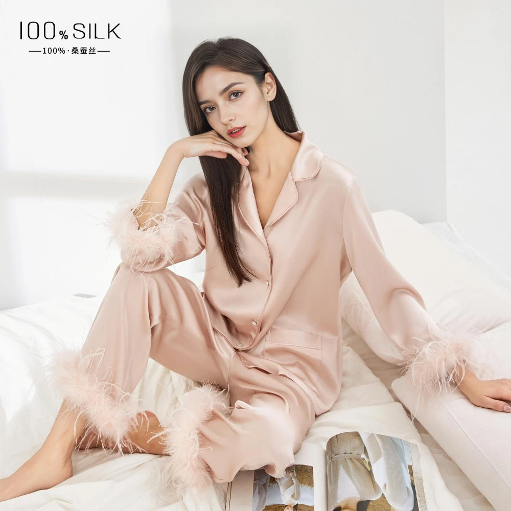 【方圆专属】羽毛拼接真丝睡衣女100%桑蚕丝家居服套装D-2213