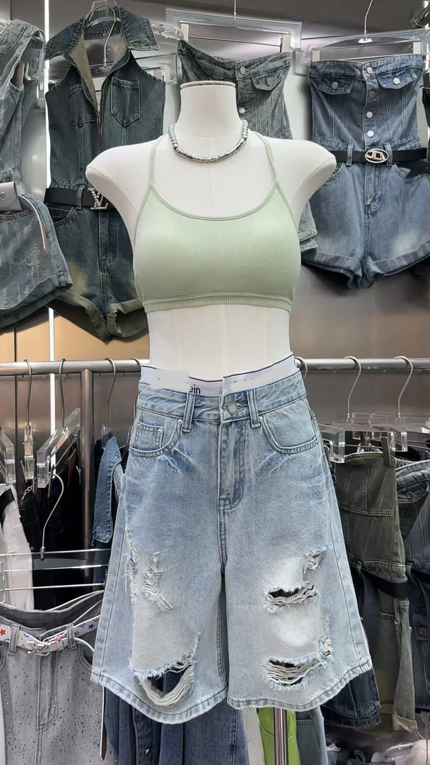 2025年夏季新款高腰显瘦破洞牛仔短裤女百搭休闲五分裤潮牌中裤潮