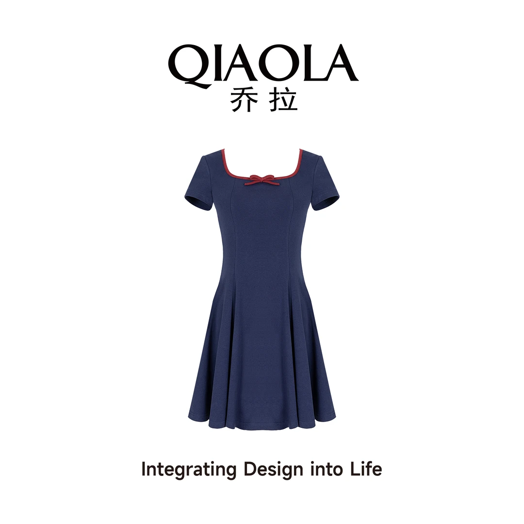 QIAOLA/乔拉【伯爵蓝莓】夏季弹力针织方领蝴蝶结轻奢A版连衣裙预售