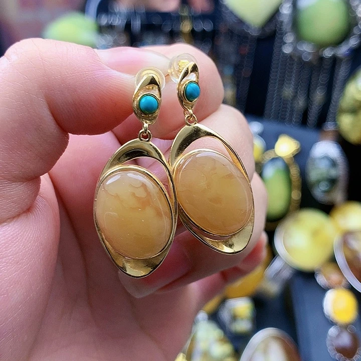 琥珀裸石银S925镶嵌耳坠