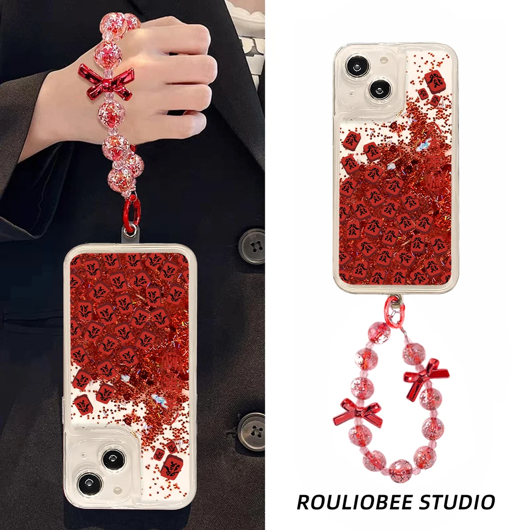 欧克里里红色發發發蝴蝶结手链流沙壳适用苹果15/16手机壳14/13/1