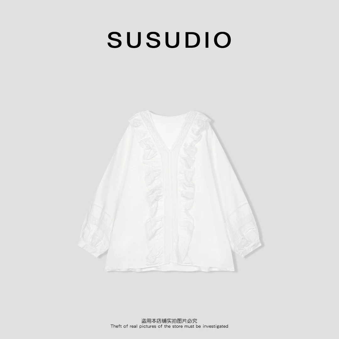 SUSUDIO 100亚麻 波西米亚风木耳边纯色宽松显瘦衬衫70228