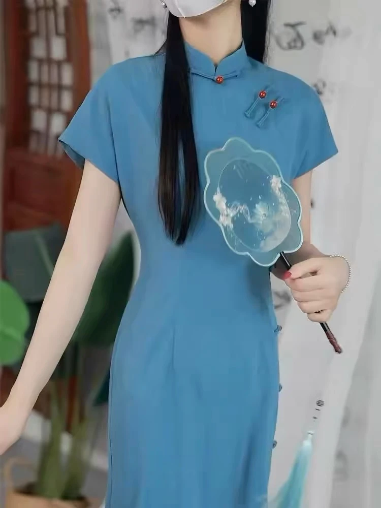 【C104】新中式2025夏改良版蓝色复古风小个子旗袍女日常百搭
