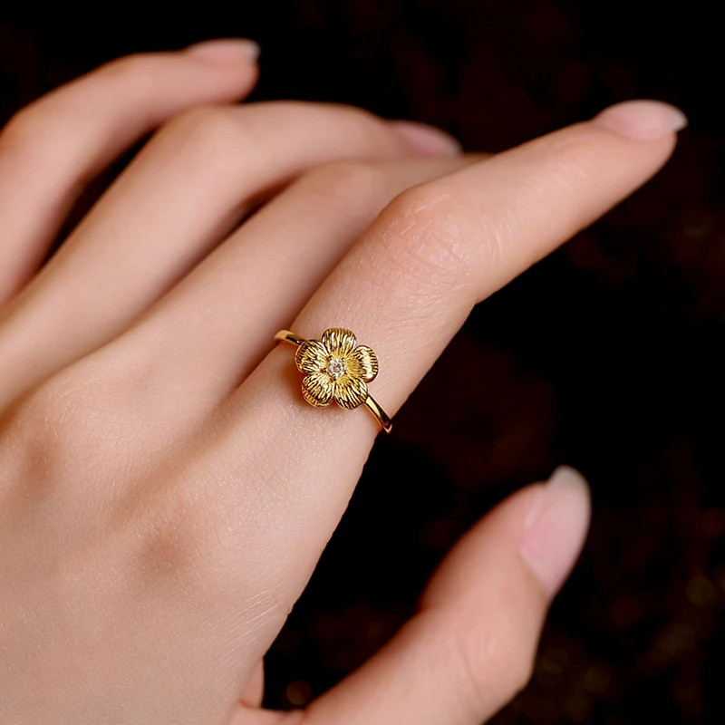 925银锆石戒指 925银拉丝花朵戒指女2025新款爆款小众指环食指戒