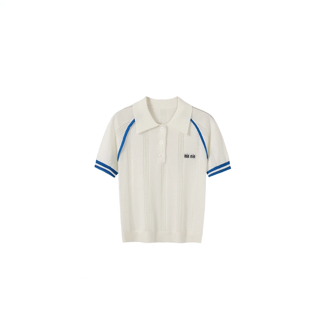 MM家2025夏季法式学院风条纹白色针织上衣2510