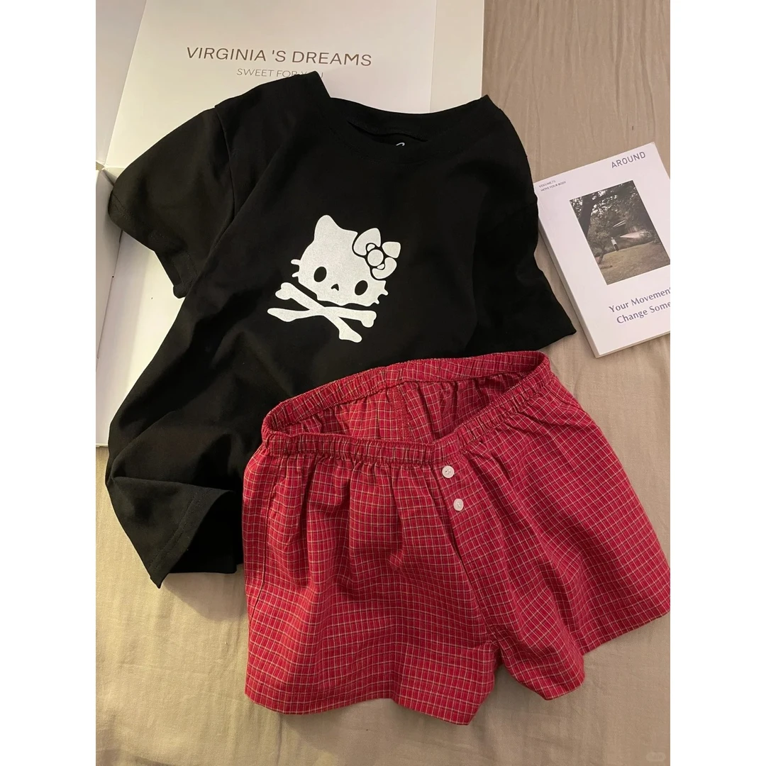 【暗黑Kitty】韩版少女短袖睡衣女夏季新款显瘦条纹短裤套装家居服