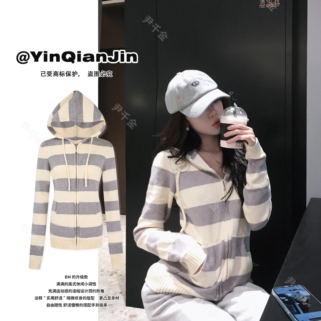 *尹千金*【bm女孩】bm风美式复古条纹显瘦针织毛衣A082003