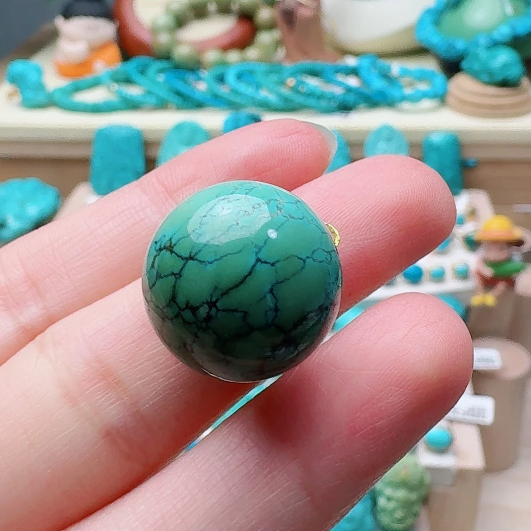 绿松石未镶嵌高瓷绿网花圆珠17.6