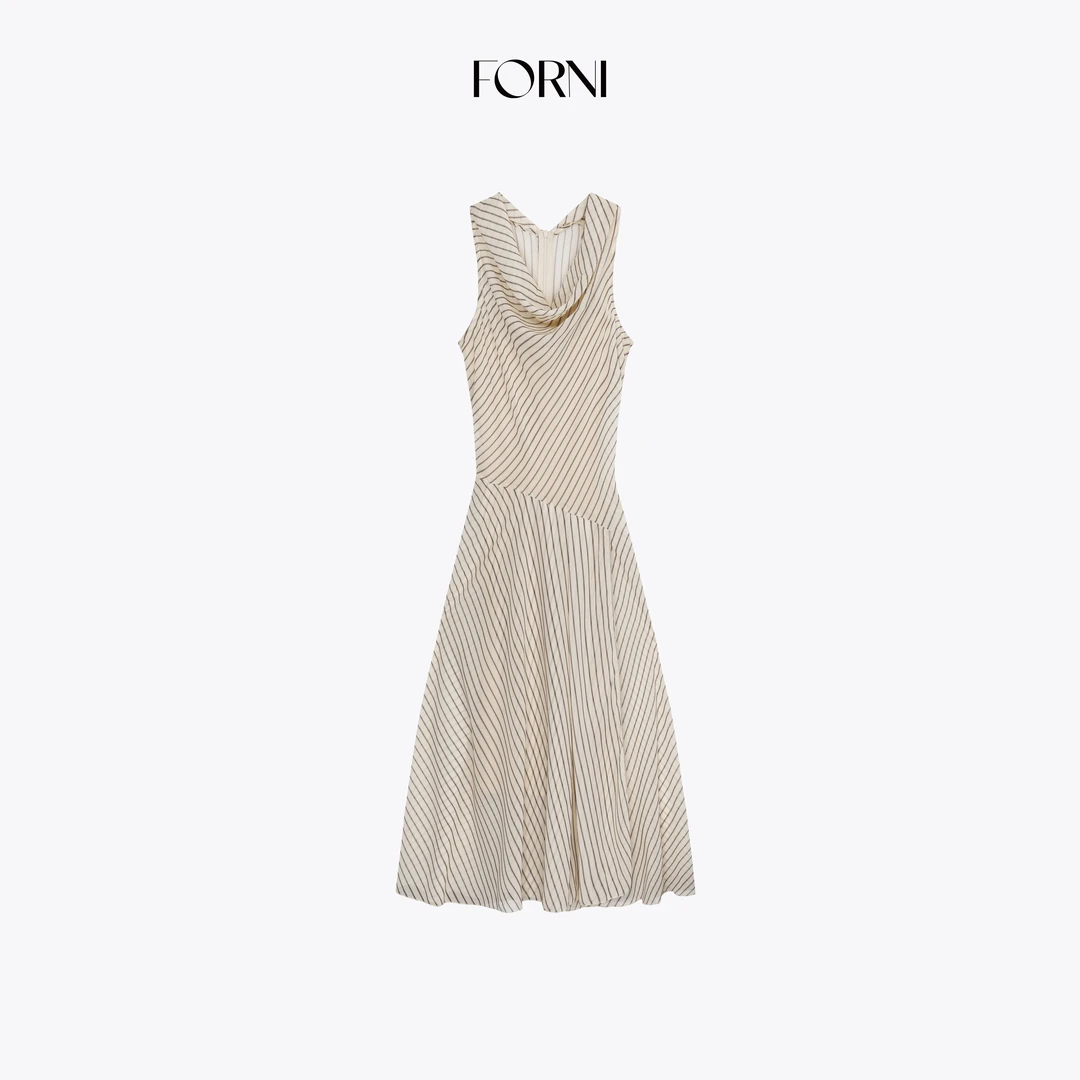 FORNI 外滩18号 气质优雅小荡领无袖条纹连衣裙/吊带两件套