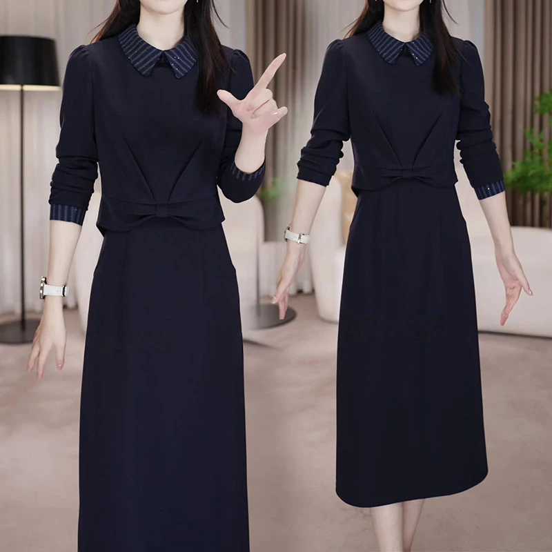 2025秋季新款时尚大方气质假两件连衣裙设计感修身显瘦POLO领裙子