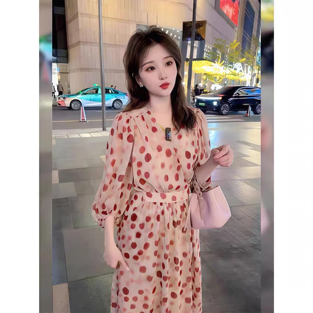 【D&Q STUDIO】色波点连衣裙夏V领高级感灯笼袖气质显白显瘦9988